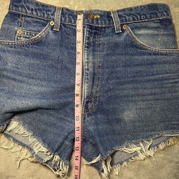 Levis 575 Jean Shorts Women Size 29x3 Orange Tab High Waist Cut Off Dark Denim - Picture 8 of 13